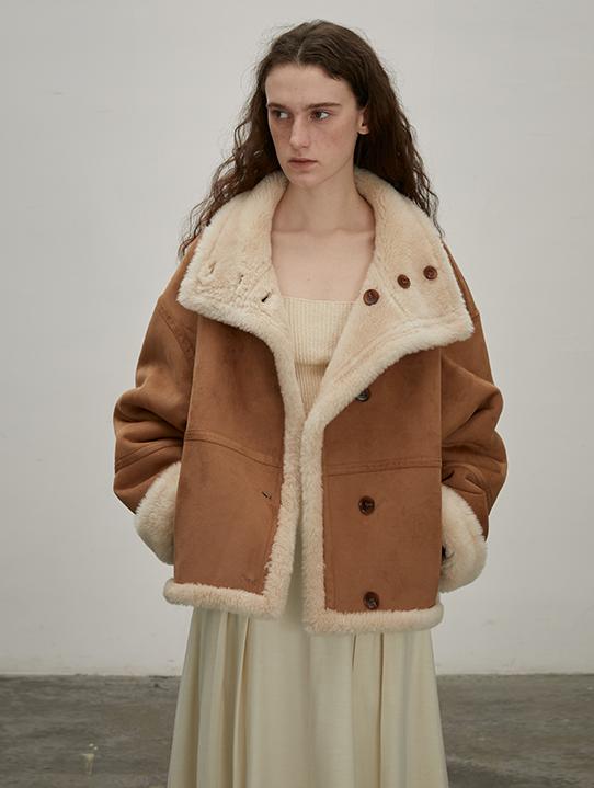 Fireladyfur Women's Faux Leather Shearling Jacket - Long Reversible Wool Coat Christmas Elk Design-0