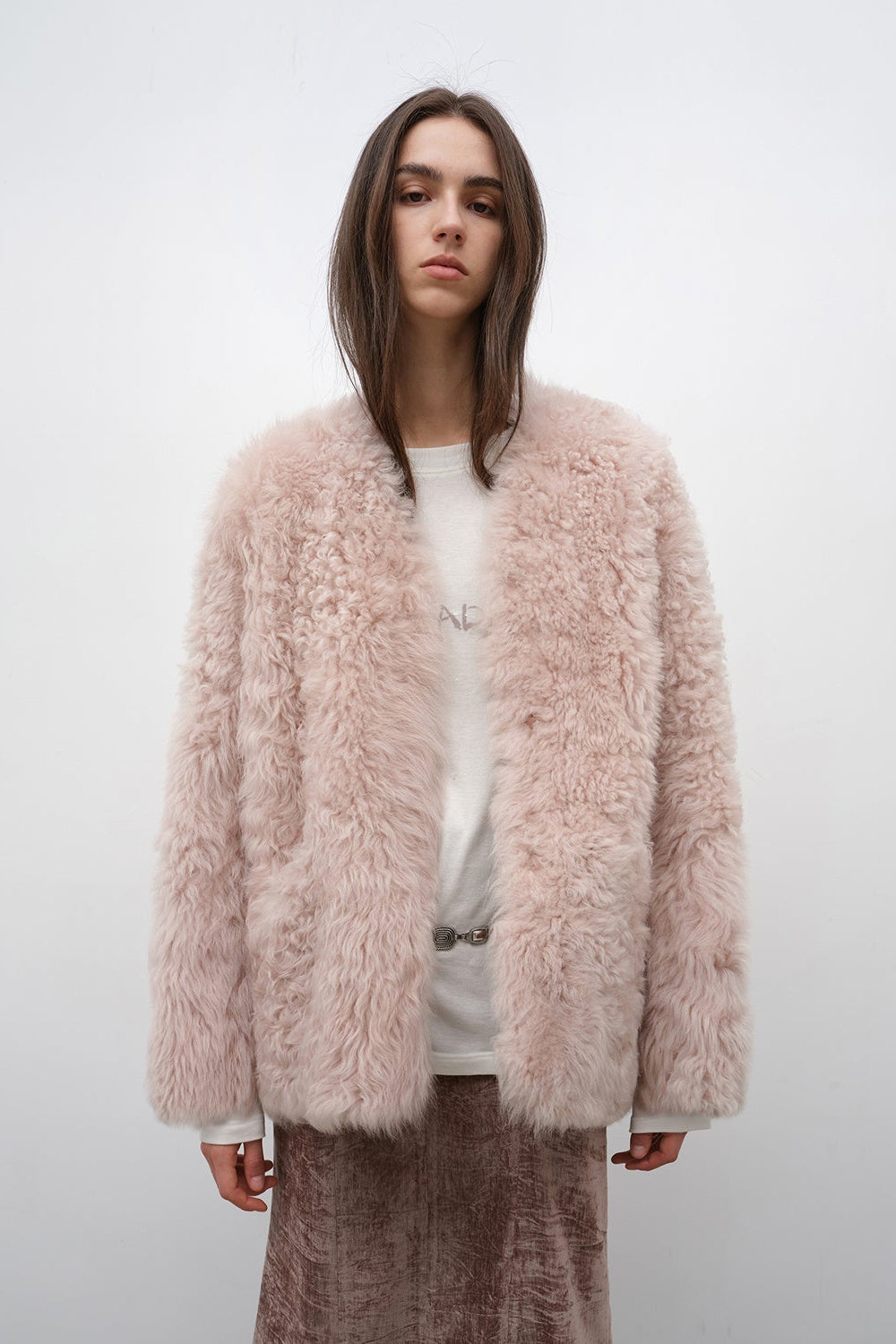 "Castle Dusk" V-neck Italian imported Tuscan curly wool sheepskin fur coat winter-8