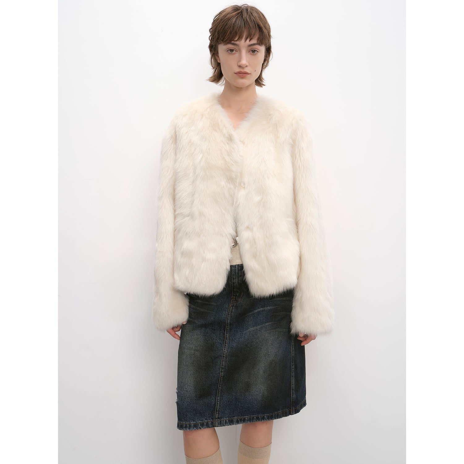 "Darcy Manor" imported Tuscan straight wool sheepskin sweetheart collar short fur coat-5