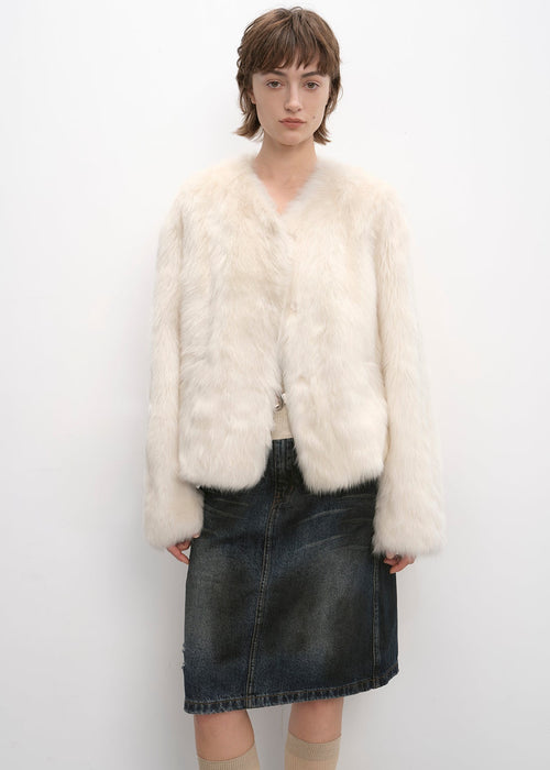 "Darcy Manor" imported Tuscan straight wool sheepskin sweetheart collar short fur coat-5