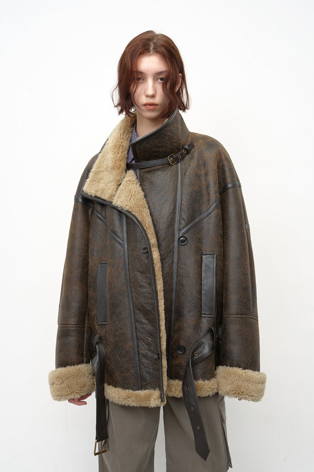 Fireladyfur Women's Shearling Coat - Motorcycle Style Lapel Imported Merino Wool-5