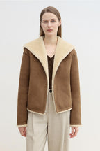 Fireladyfur Women's Faux Leather Shearling Jacket - Wool Suede Navy Collar Coat-0