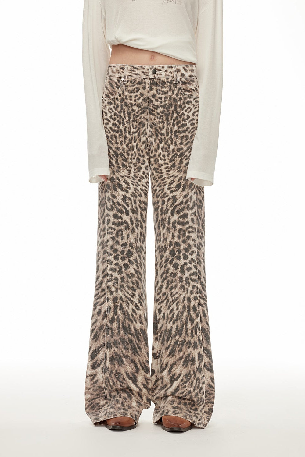 “Wild roar”vintage original leopard print Turkish imported washed slimming straight-leg bootcut jeans-5