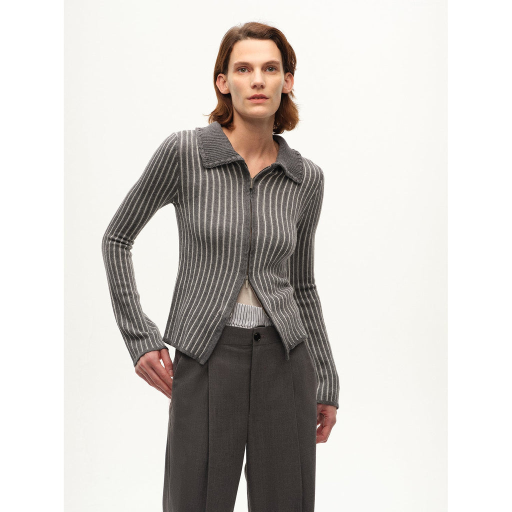 [FF×JW joint striped fabric] Slim-fitting crocheted lapel color-blocked striped comfortable wool knitted cardigan-5