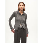 [FF×JW joint striped fabric] Slim-fitting crocheted lapel color-blocked striped comfortable wool knitted cardigan-5