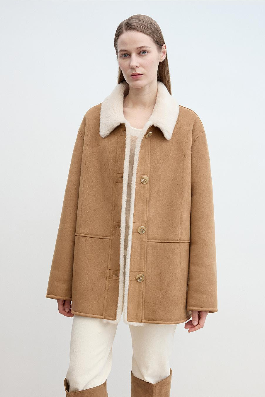 Fireladyfur Women's Faux Leather Shearling Jacket - Casual Furry Lapel Wool Coat-0