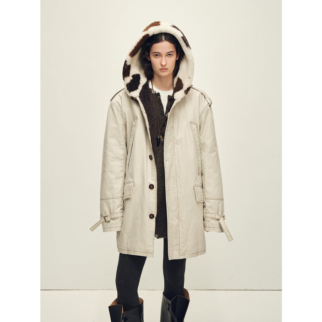 Firelady Fur Women’s Merino Sheepskin Parka with Fur Hood – Real Fur Cow Print Coat"Wild Heartbeat"-1