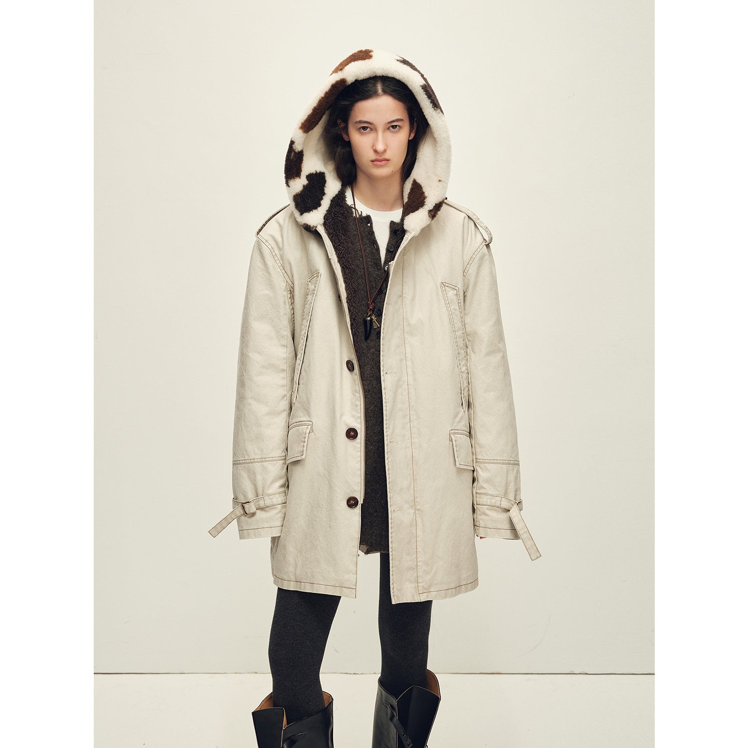 Firelady Fur Women’s Merino Sheepskin Parka with Fur Hood – Real Fur Cow Print Coat"Wild Heartbeat"-1
