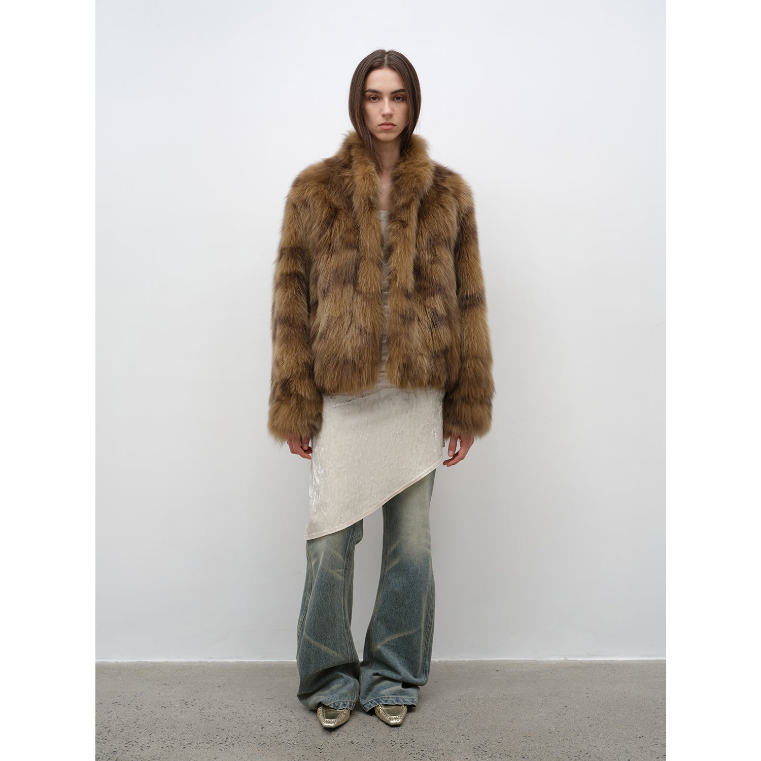 Polar Snow Casual Handmade Swoosh Printed Stand Up Lapel Fox Fur Coat-5