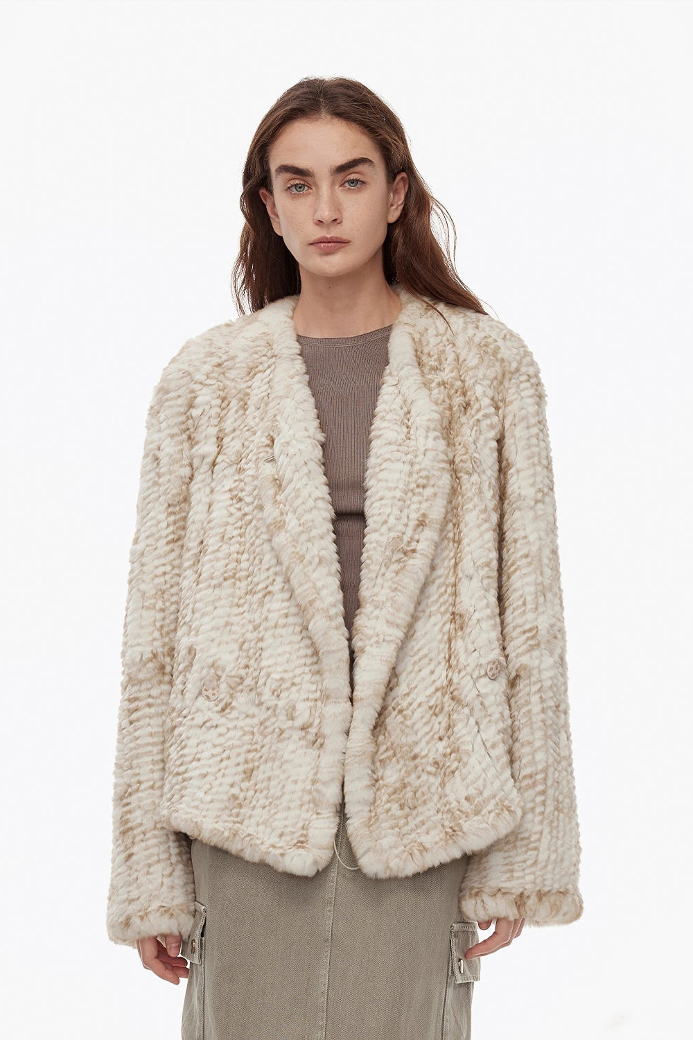 "Inspiration Glimpse" lapel double-breasted loose woven Rex rabbit fur coat for women in winter-4