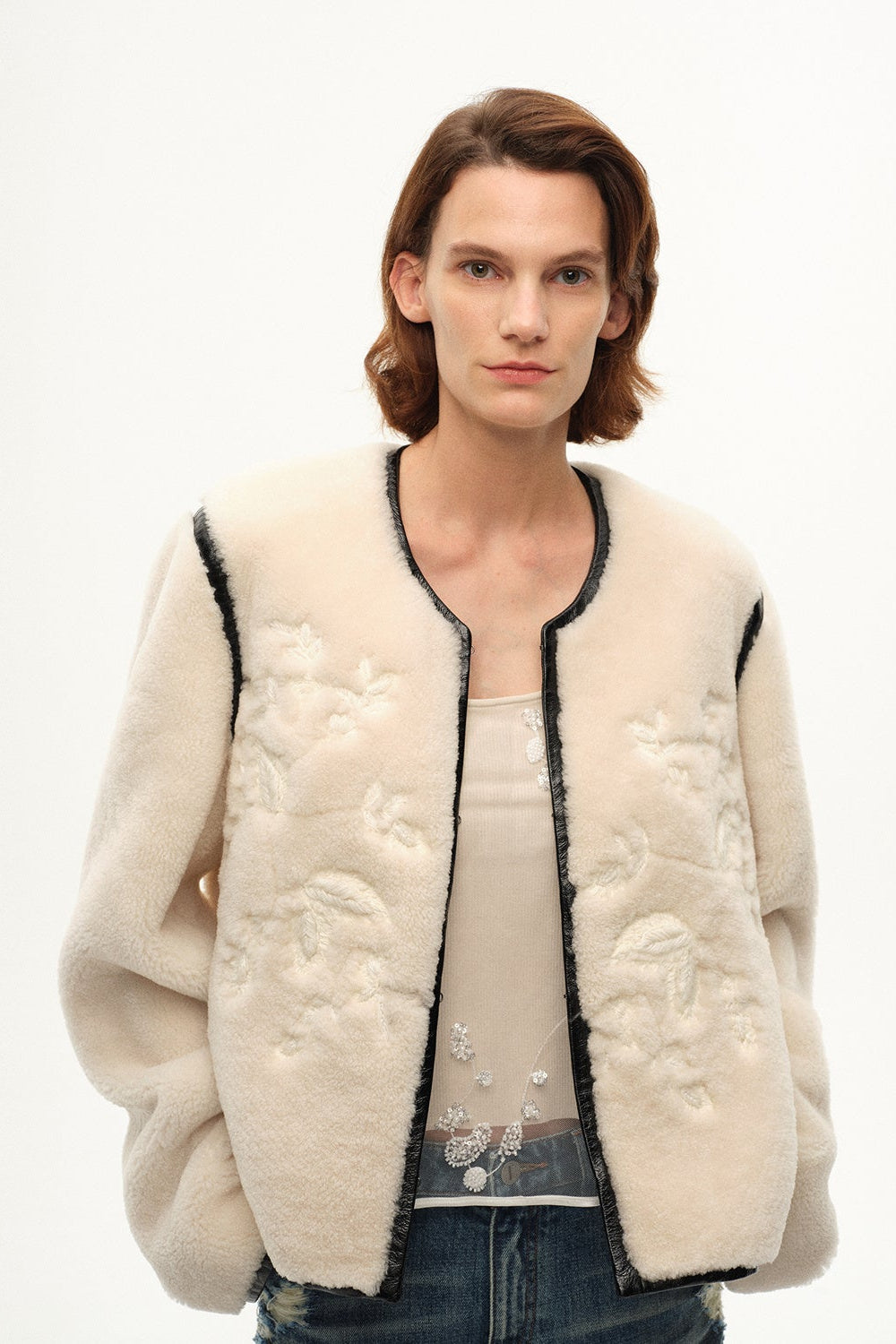 "FF×JW Muse Project" embroidered round neck short merino wool sheepskin fur coat-5