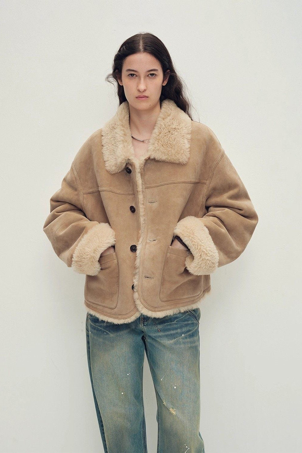 Women‘s Contrast-Collar Shearling Jacket with Shaved Leather Trim & Merino Shearling