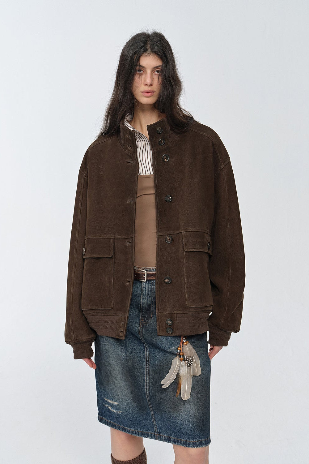 Vintage imported suede sheepskin leather ribbed patchwork jacket "Spring Whisper"-5