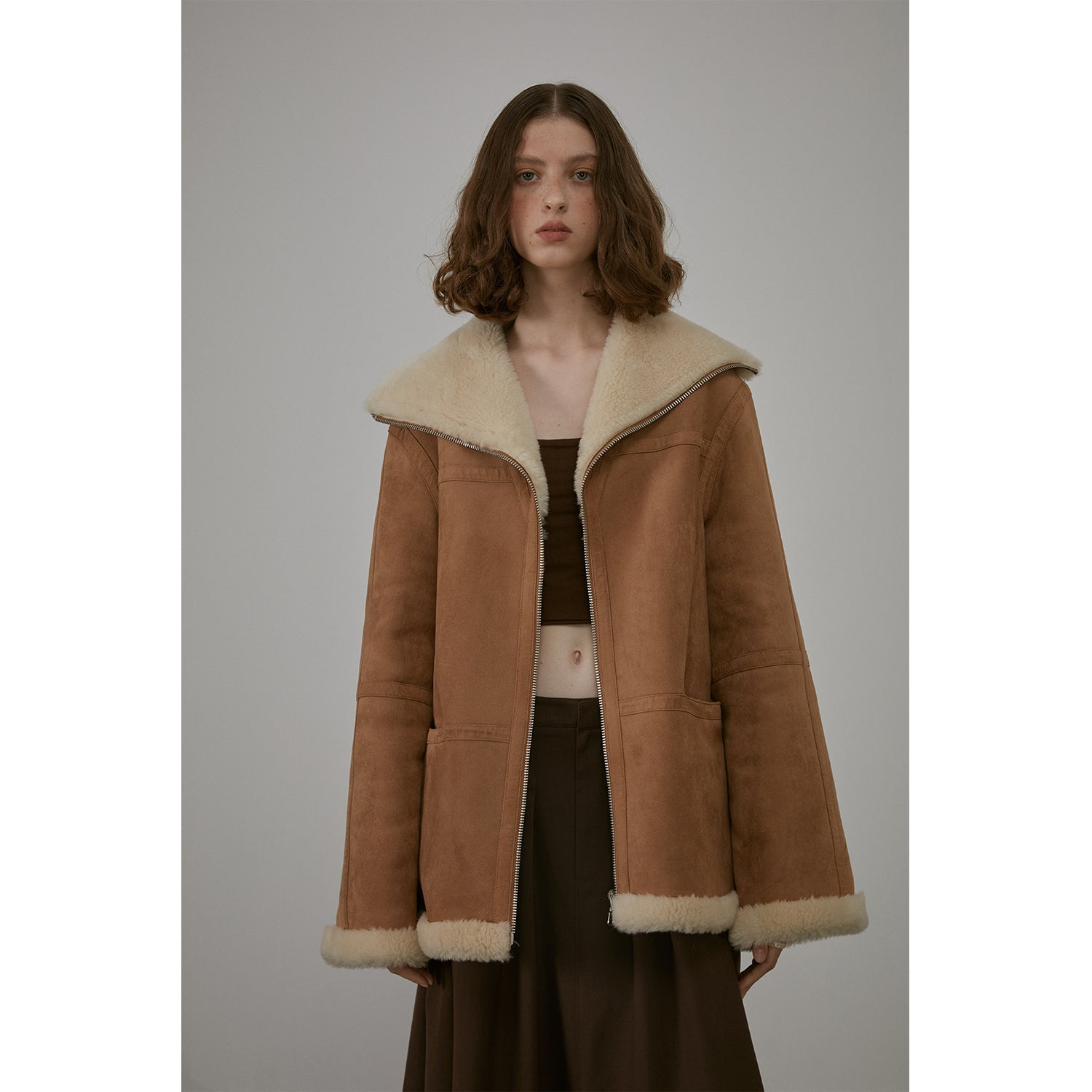 Fireladyfur Women's Faux Leather Shearling Jacket - Short Lapel Wool Coat Vintage-1