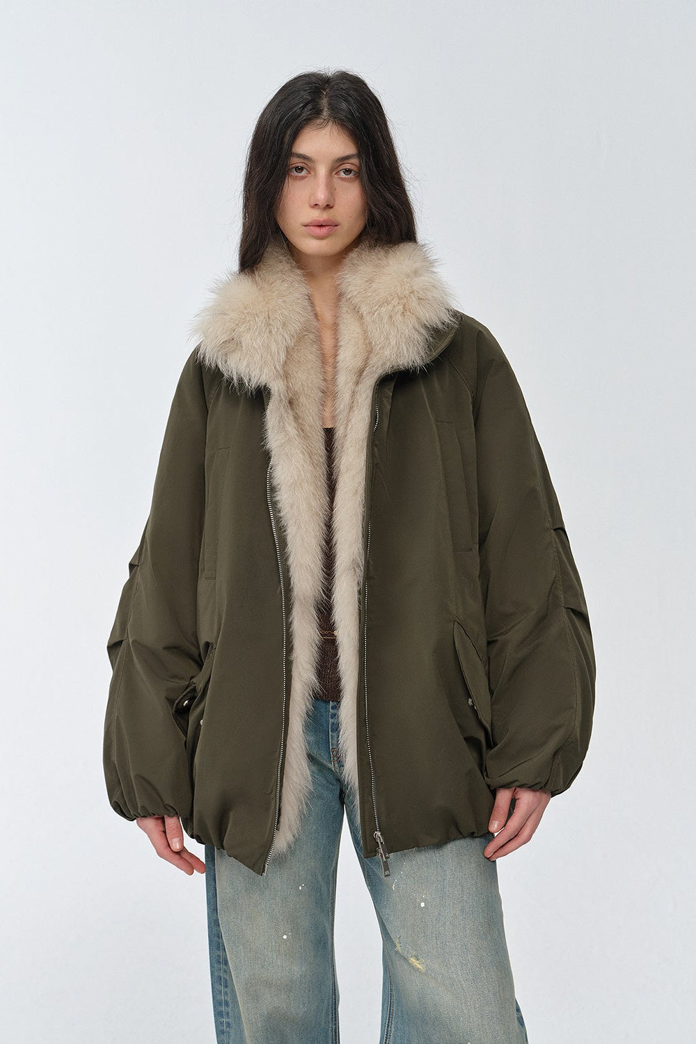 Fireladyfur Women's Mid-Length Two-Tone Fox Fur Down Jacket"Warm Dialogue"-5