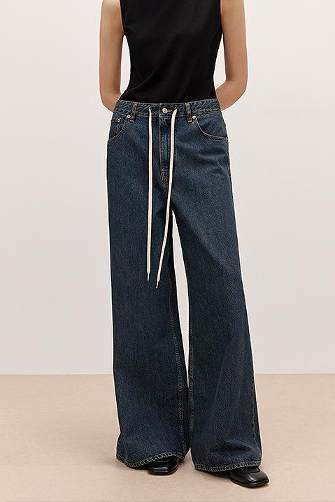 "Retro Blues" fashionable high waist pleated design washed casual wide leg jeans for women-1