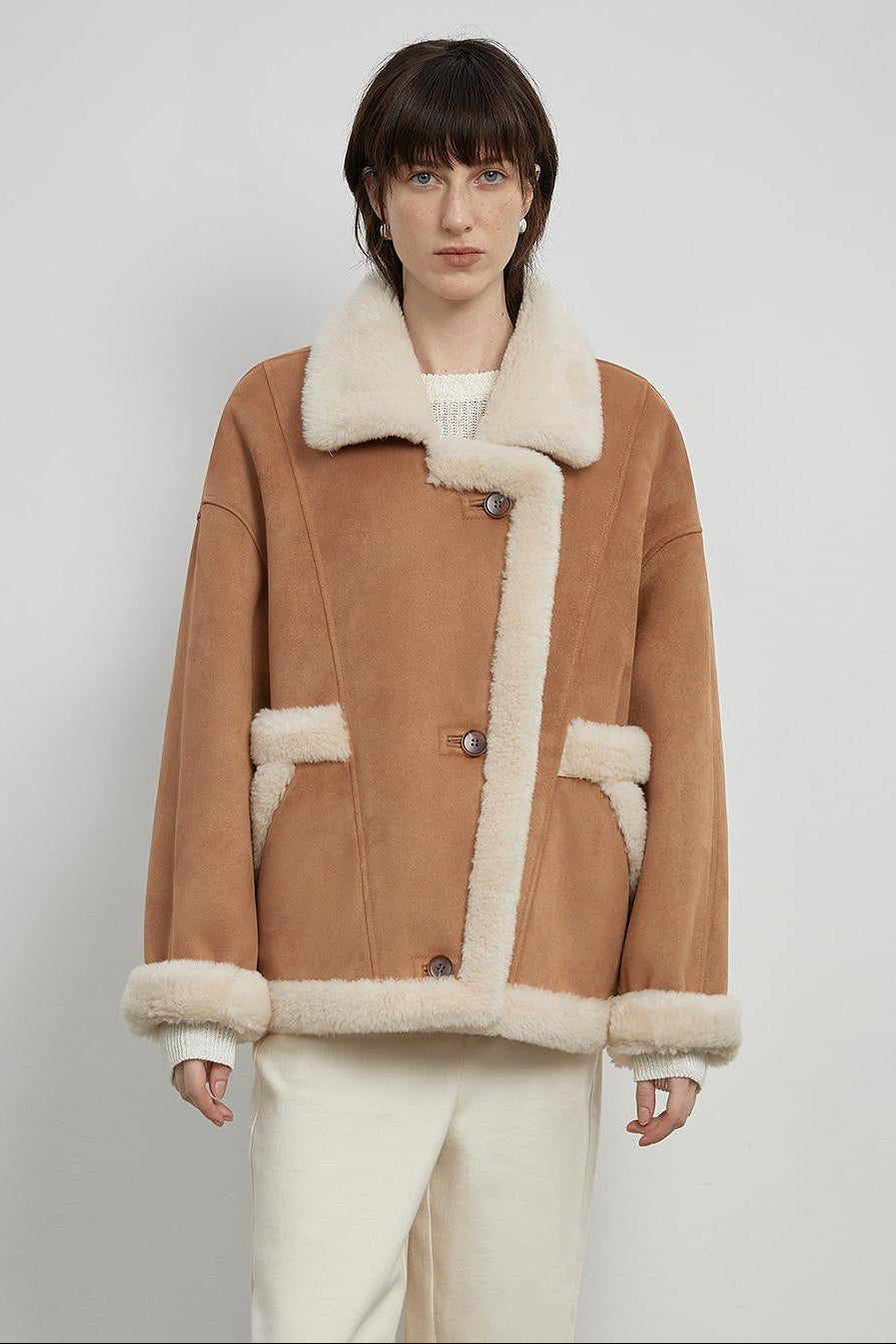 Fireladyfur Women's Faux Leather Shearling Jacket - Lapel Biker Style Wool Suede Coat-1