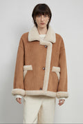 Fireladyfur Women's Faux Leather Shearling Jacket - Lapel Biker Style Wool Suede Coat-1