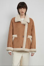 Fireladyfur Women's Faux Leather Shearling Jacket - Lapel Biker Style Wool Suede Coat-1