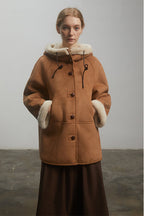 Fireladyfur Women's Faux Leather Shearling Jacket - Short Hooded Reversible Winter Coat Danish Style-1