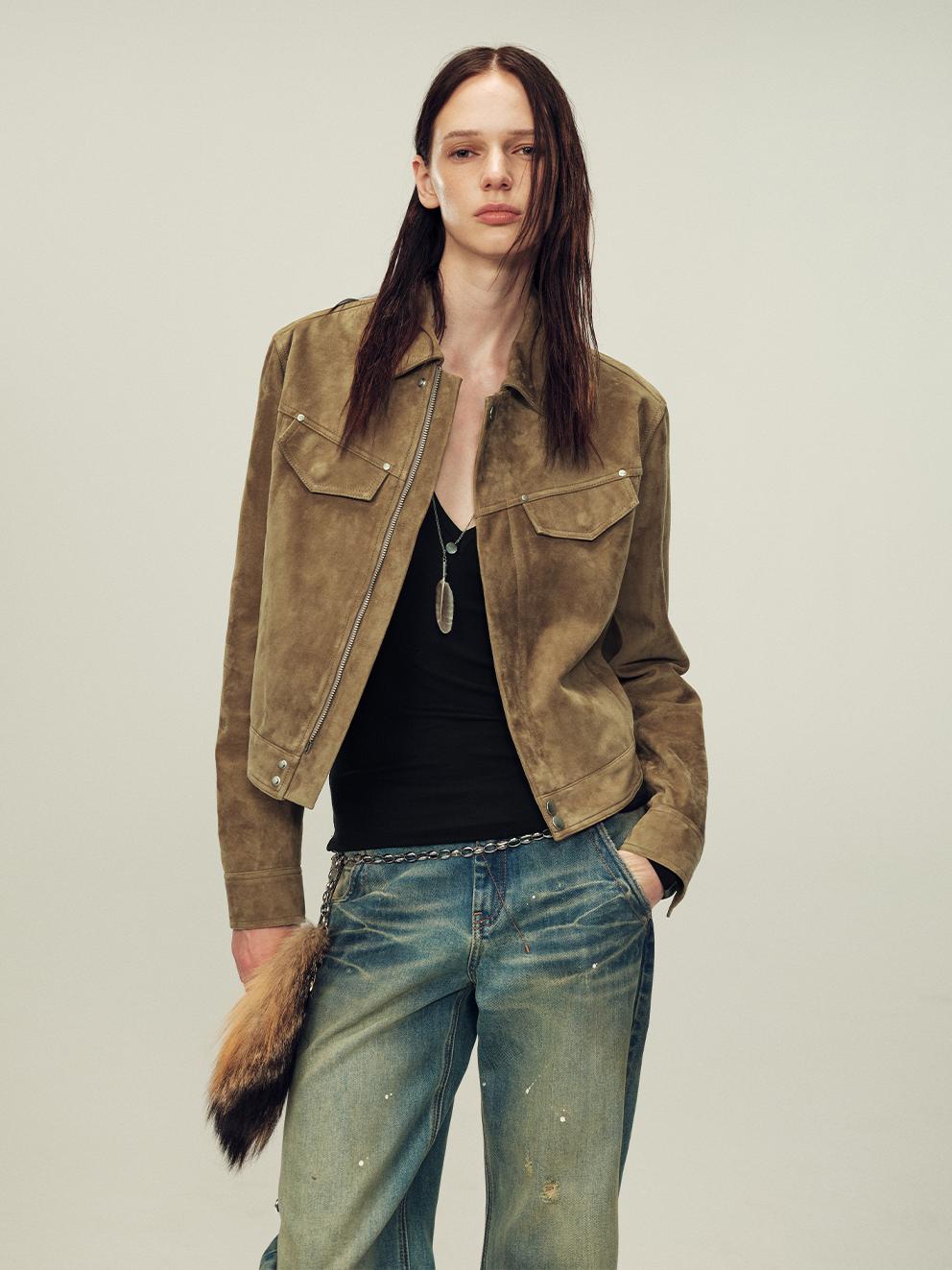 Women's imported first-layer suede sheepskin short autumn leather jacket-5