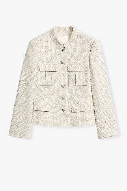 Heavy wool blend tweed stand collar waist cropped coat-4