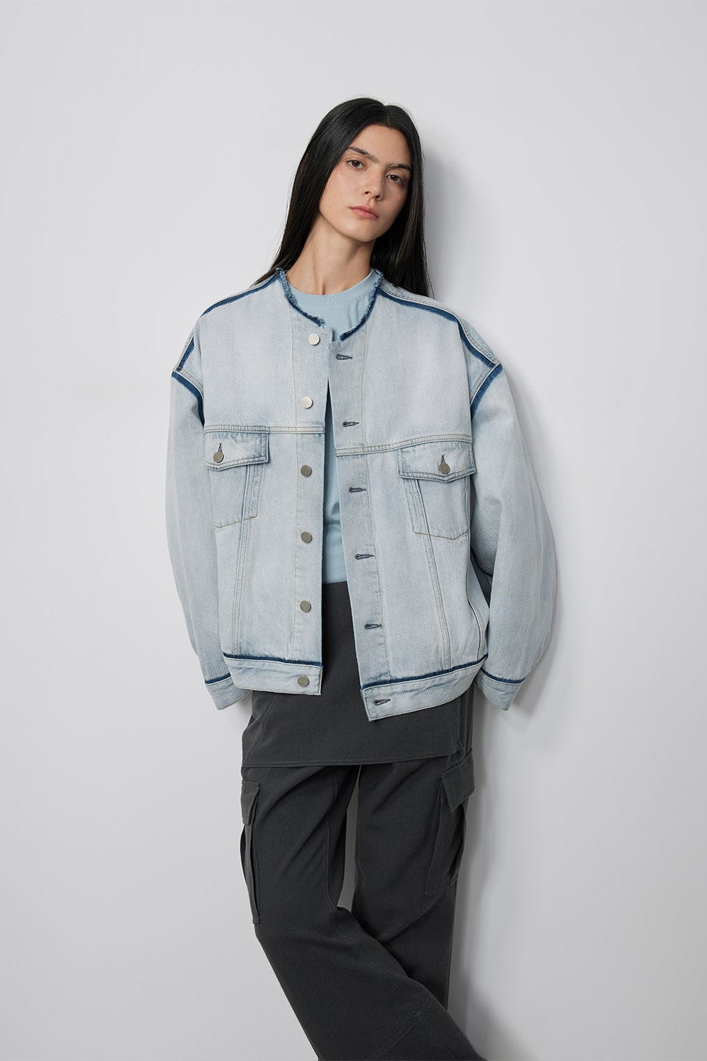 "Starry Sky Market" luxury brand classic washed cotton collarless raw edge denim jacket-5