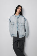 "Starry Sky Market" luxury brand classic washed cotton collarless raw edge denim jacket-5