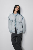 "Starry Sky Market" luxury brand classic washed cotton collarless raw edge denim jacket-5
