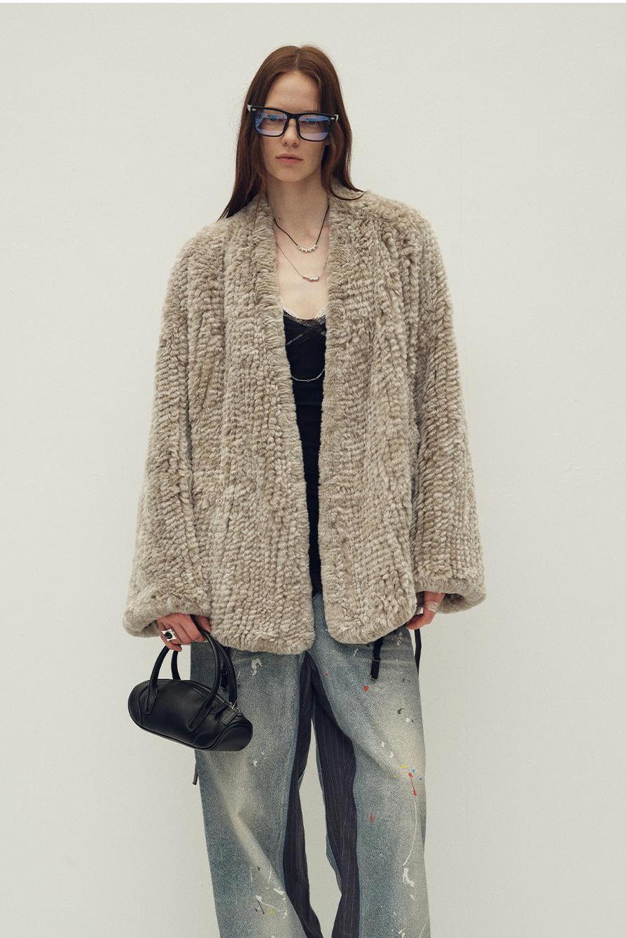 Loose-fitting two-tone gradient-dyed long woven Rex rabbit fur coat "Artistic Weaving"-6