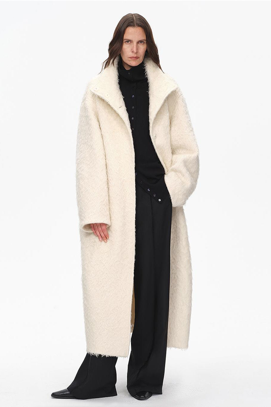 "Song of Snowland"Women's mohair wool stand collar coat autumn and winter loose woolen coat-0