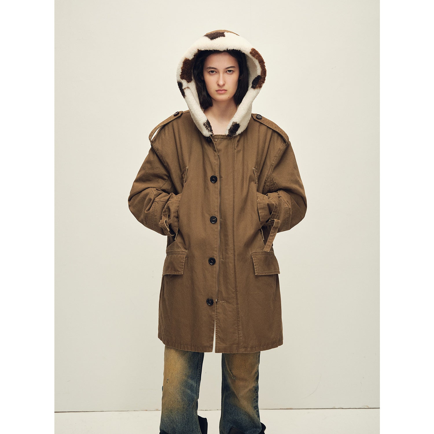 Firelady Fur Women’s Merino Sheepskin Parka with Fur Hood – Real Fur Cow Print Coat"Wild Heartbeat"-0