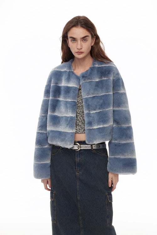 "Dream Chaser" round neck short horizontal spray stripe contrast color loose imported Rex rabbit fur coat-1