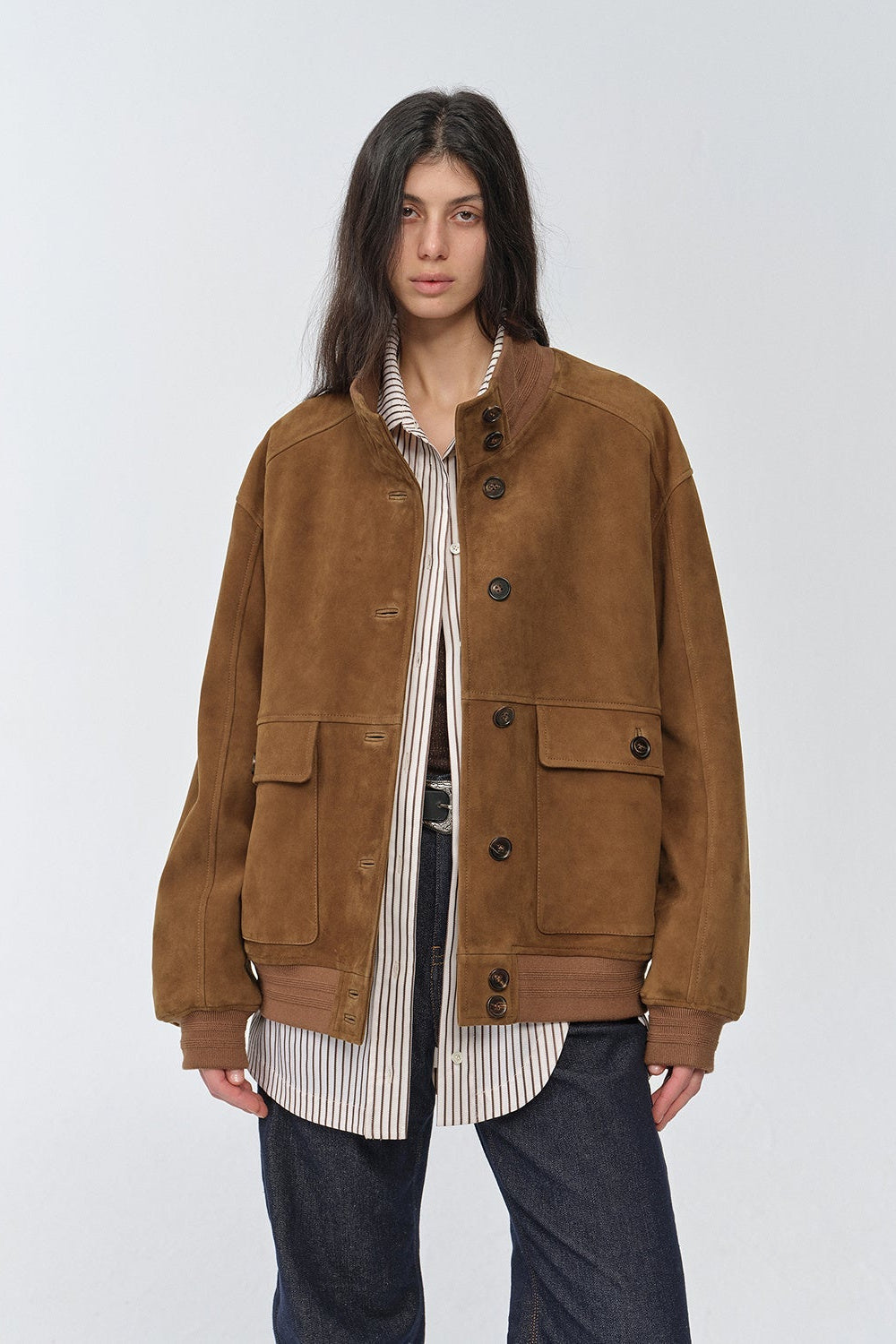 Vintage imported suede sheepskin leather ribbed patchwork jacket "Spring Whisper"-1