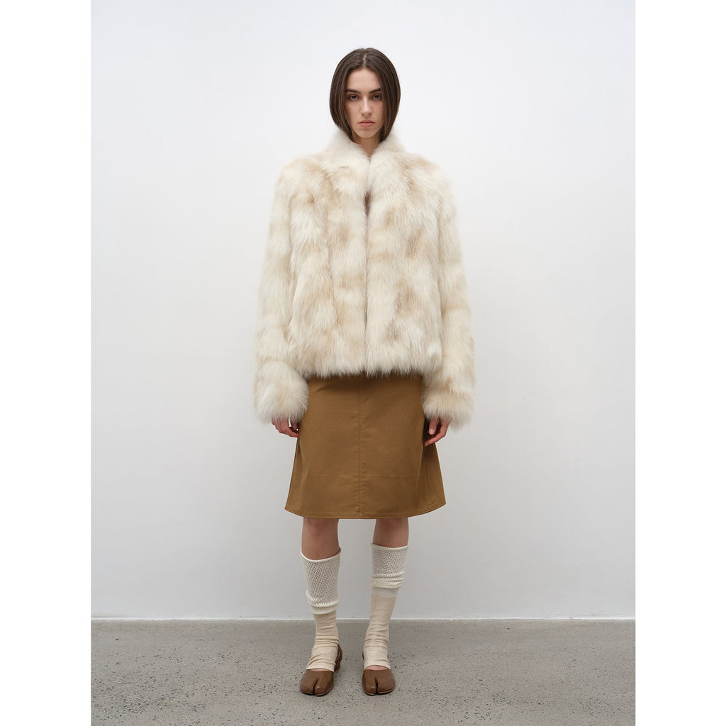 Polar Snow Casual Handmade Swoosh Printed Stand Up Lapel Fox Fur Coat-6