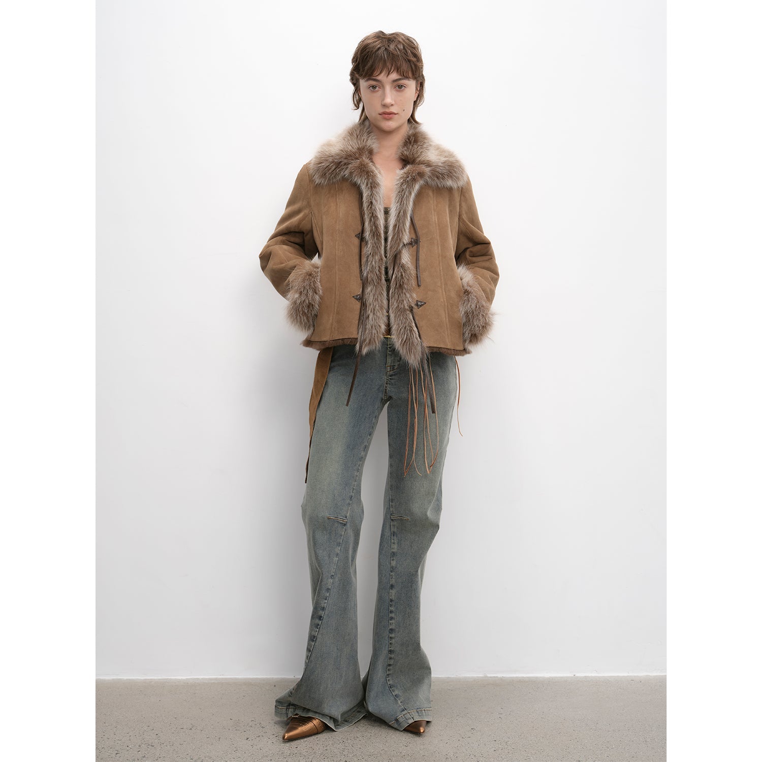"Florence" imported merino wool sheepskin patchwork fox fur collar fur coat winter-5