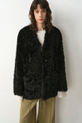 "Castle Dusk" V-neck Italian imported Tuscan curly wool sheepskin fur coat winter-5