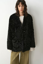 "Castle Dusk" V-neck Italian imported Tuscan curly wool sheepskin fur coat winter-5