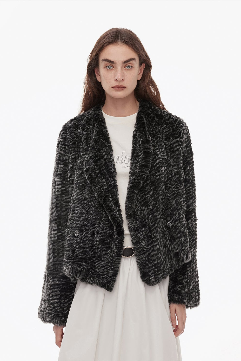 "Inspiration Glimpse" lapel double-breasted loose woven Rex rabbit fur coat for women in winter-5