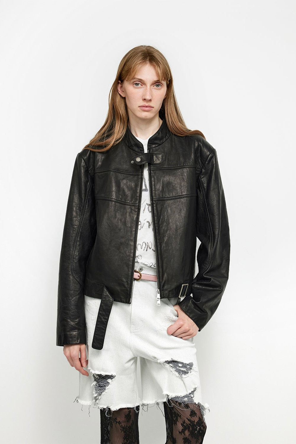 Retro Sheepskin Stand Collar Short Motorcycle Jacket “Caramel Mountain”-6