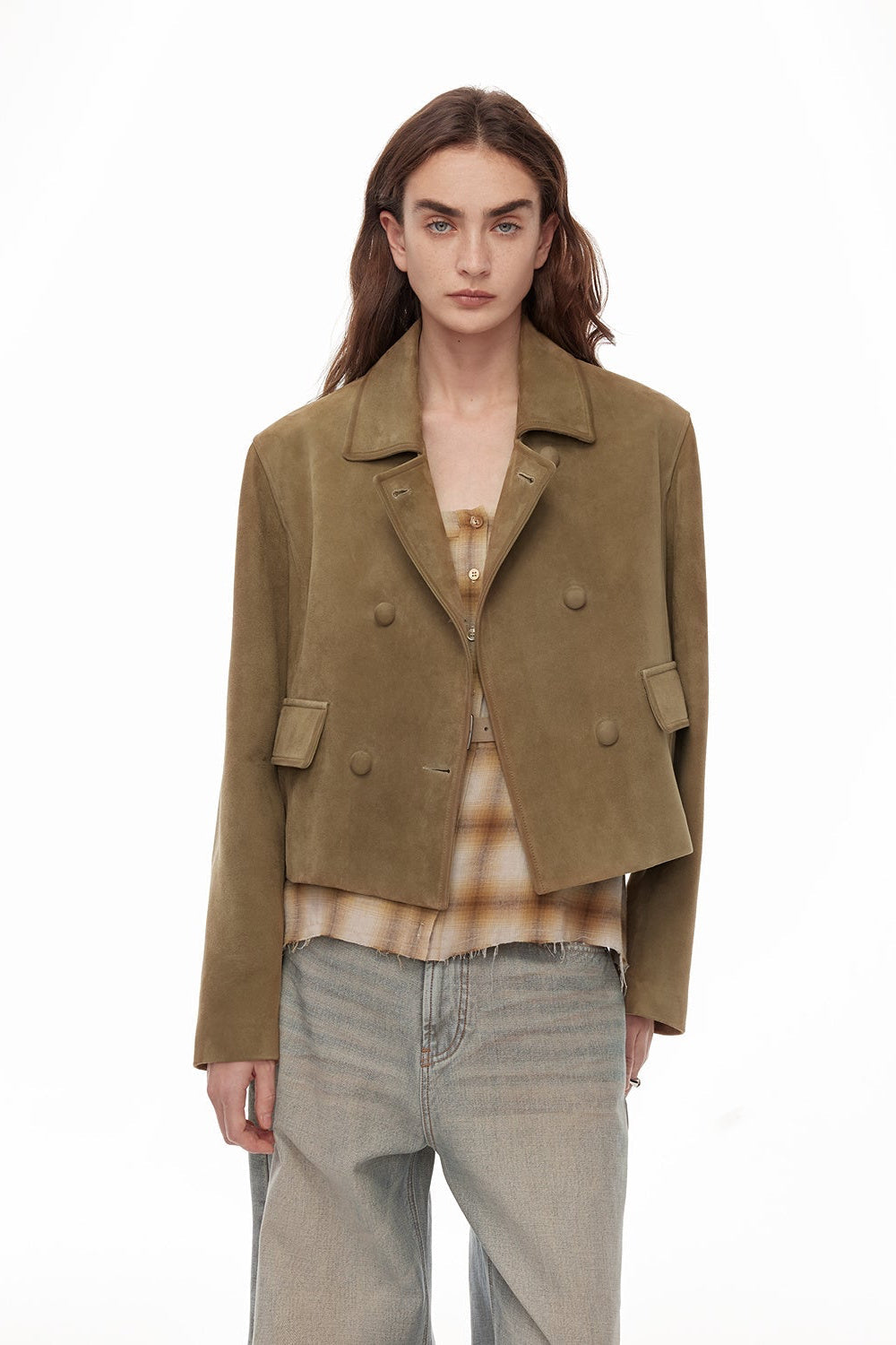 Suede lambskin retro double-breasted lapel wide-shoulder genuine leather jacket imported from New Zealand "Nth power"-6