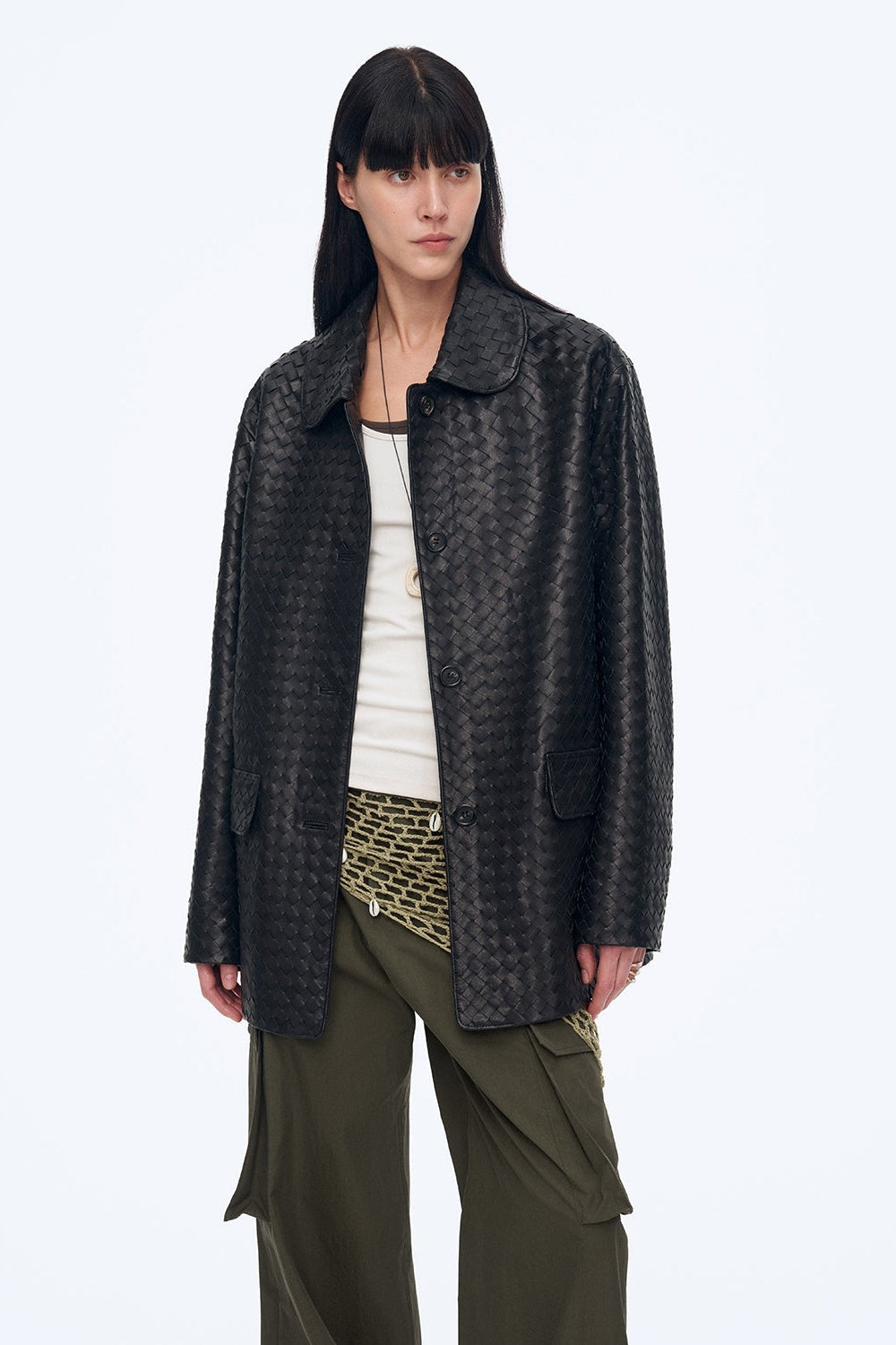 New Zealand imported lambskin perforated woven leather jacket spring"Rembrandt Night"-4