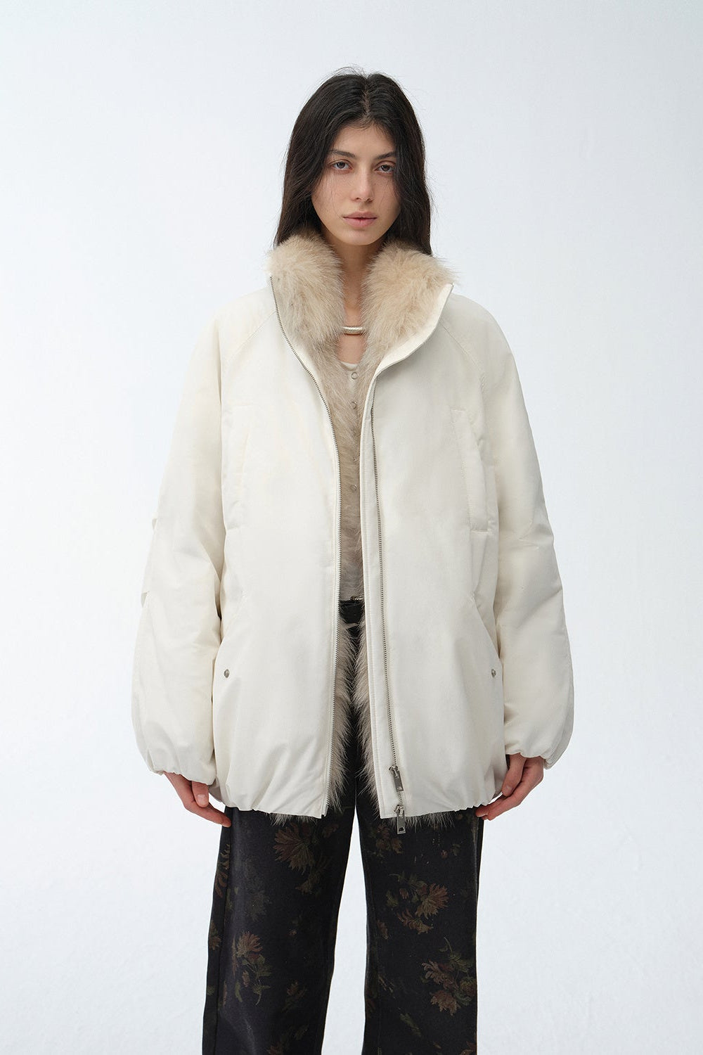 Fireladyfur Women's Mid-Length Two-Tone Fox Fur Down Jacket"Warm Dialogue"-6