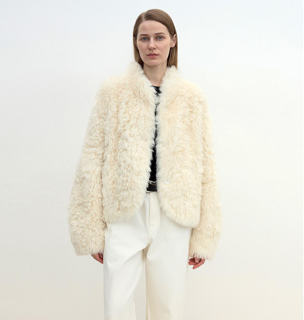 "Yorta" imported Tuscan curly wool upper arc collar sheepskin coat-5