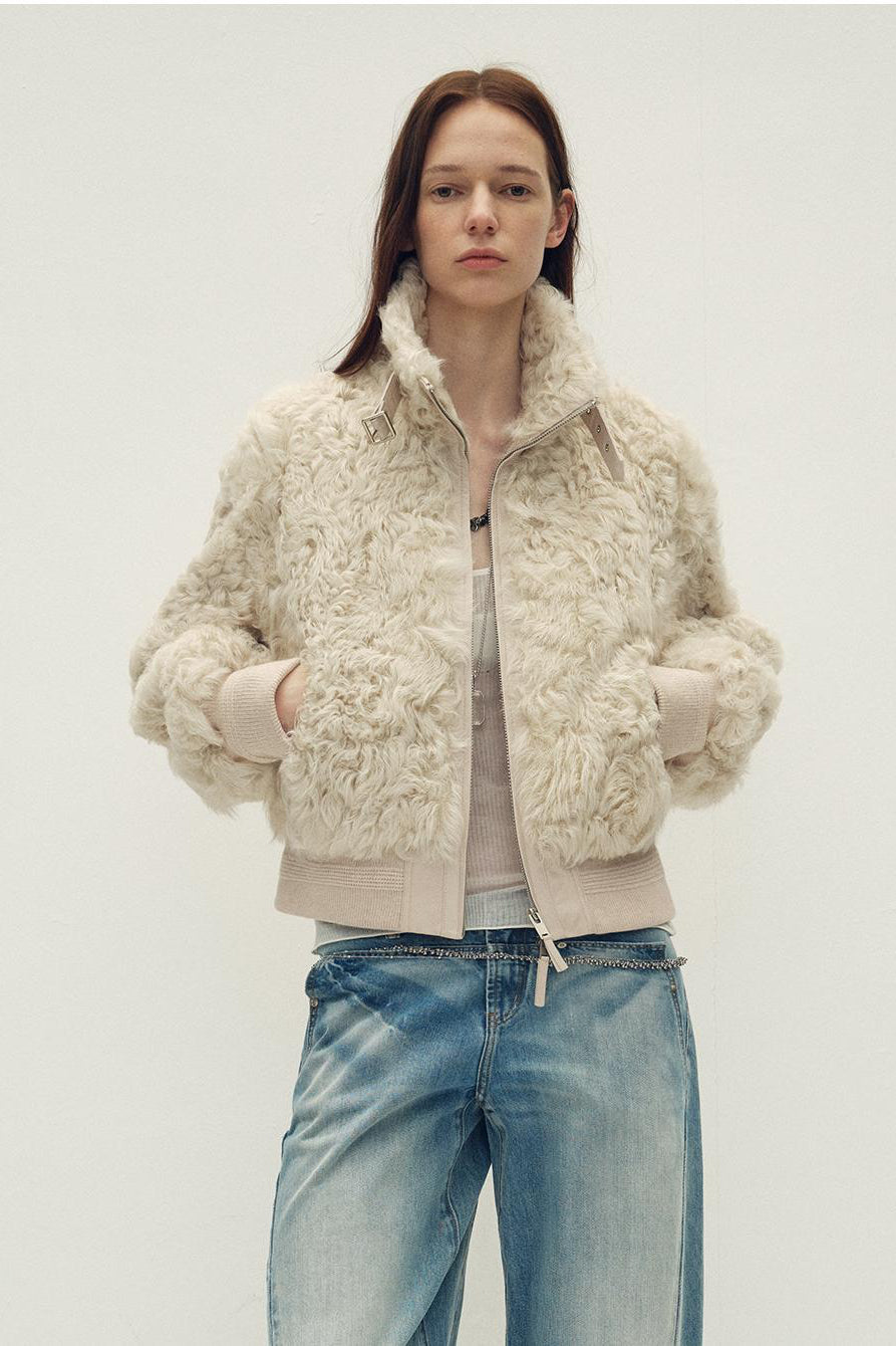 Casual stand-up collar jacket-style fluffy sheep curly hair fashionable short  bomber coat"Curly Story"-6