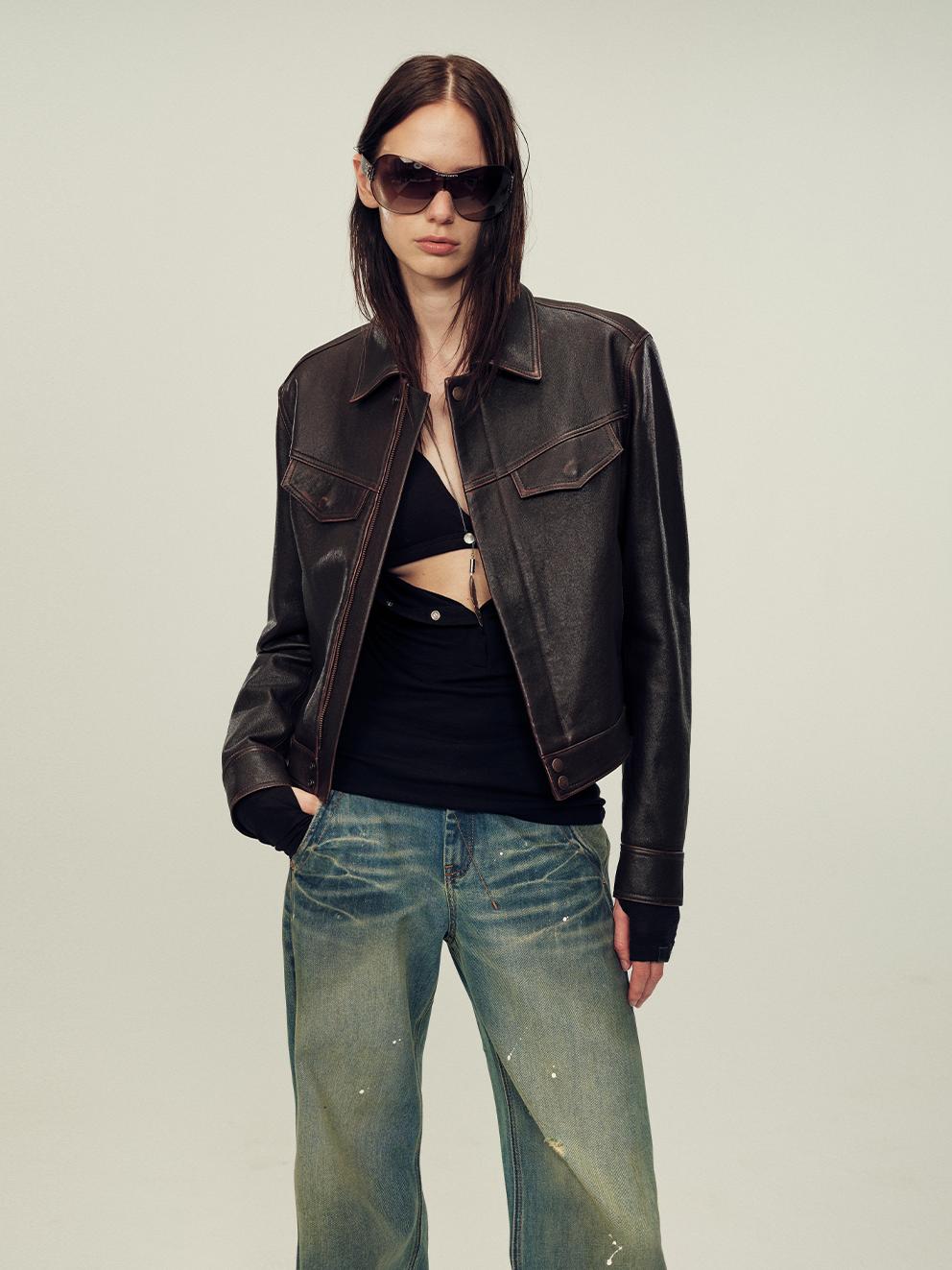 Women's imported first-layer suede sheepskin short autumn leather jacket-6