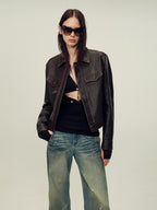 Women's imported first-layer suede sheepskin short autumn leather jacket-6