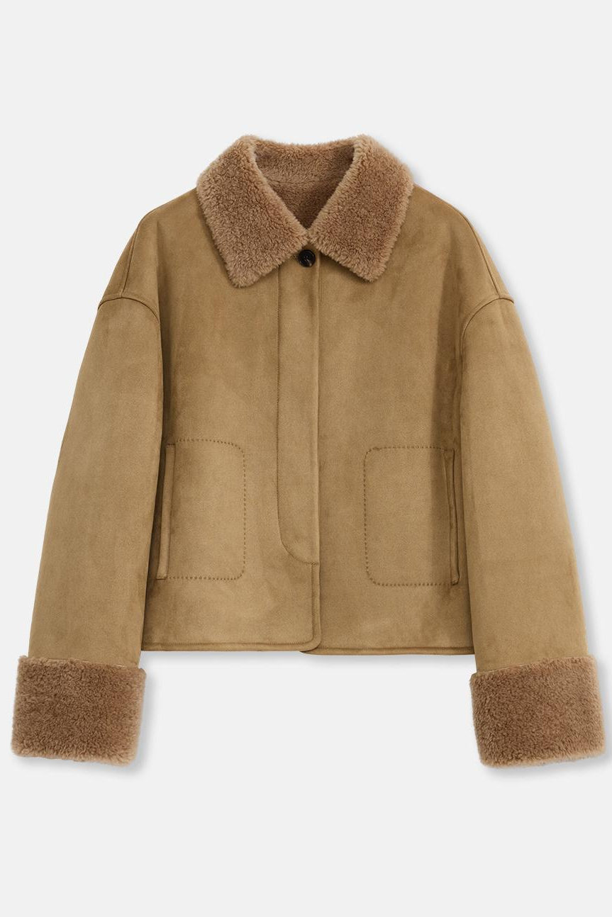 Fireladyfur Women's Faux Leather Shearling Jacket - Long Wool Suede Coat Winter Style-5