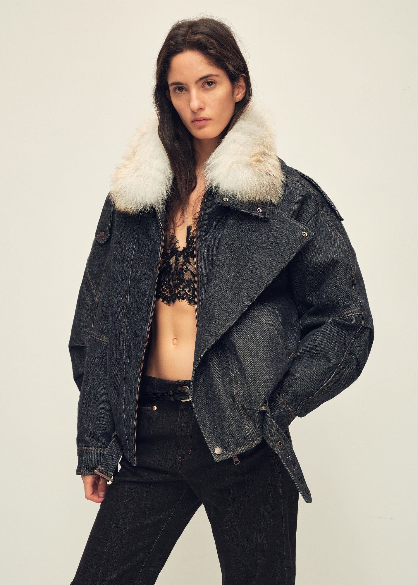 Fireladyfur Women’s Flocked Denim Goose Down Parka with Detachable Fox Fur Collar“City Travel”-5