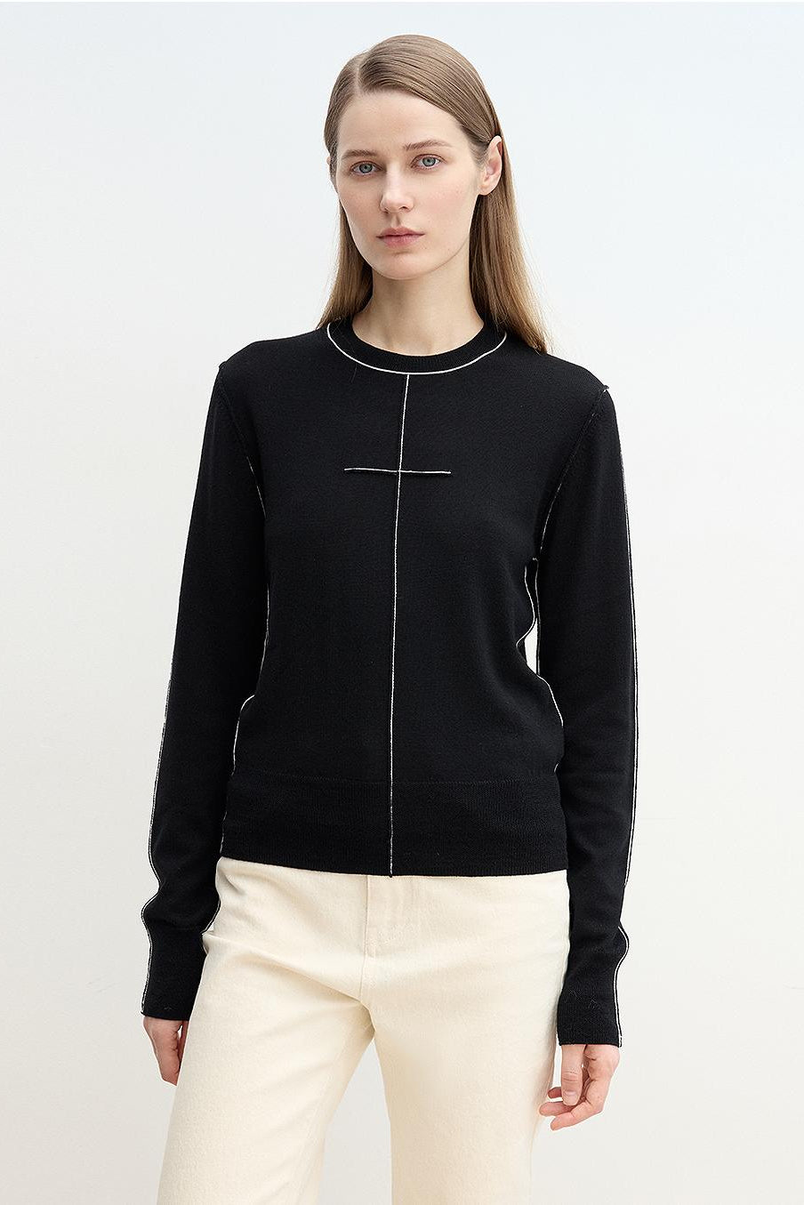 “Imbell"Imported Yangtze 30NM Contrast Stitch Wool Knit Skin-Friendly Short Top-5
